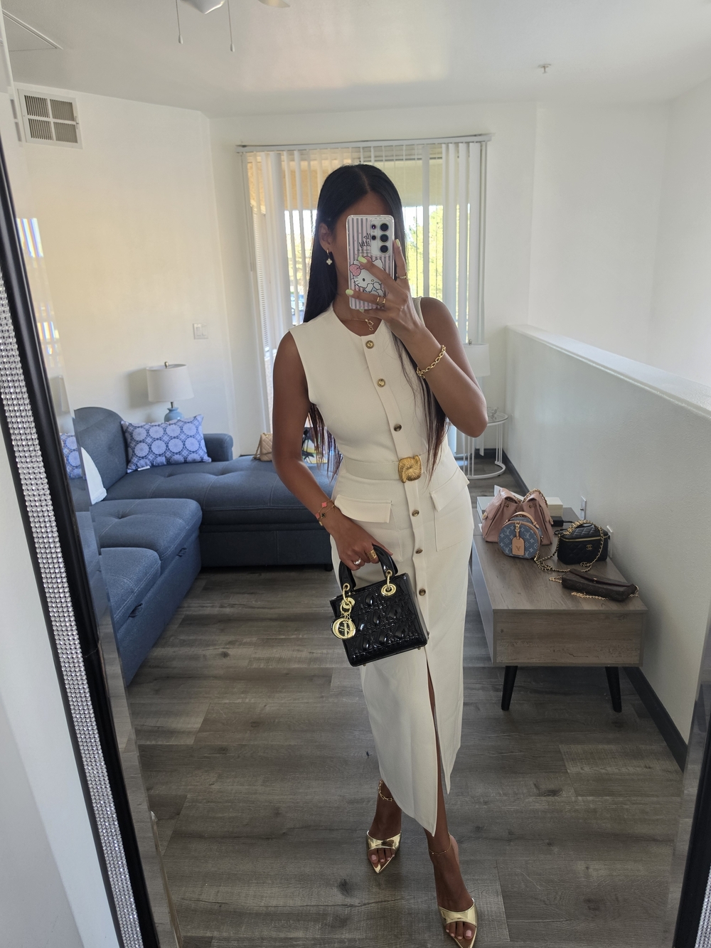 Zara Cream Button-Front Midi Dress with Gold Accents - Picture 6 of 17